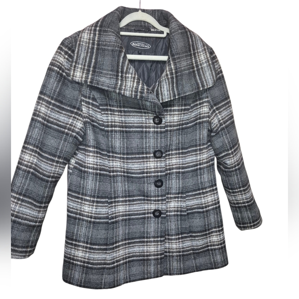 Northern Reflections NWOT Grey and Brown Plaid Pea Coat